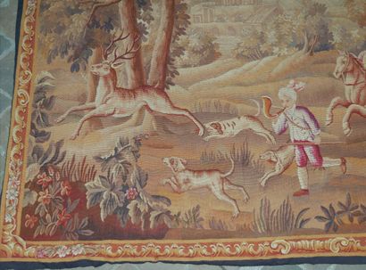null AUBUSSON, XIXth century. Beautiful tapestry decorated with hunting riders. 

(Lined).

114...