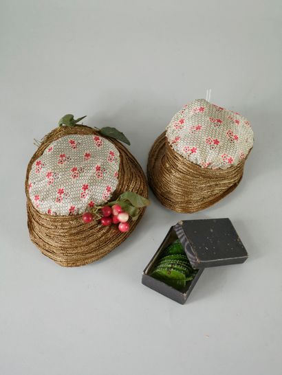 null Two hats: fabric caps with floral motifs and braided straw brim decorated with...