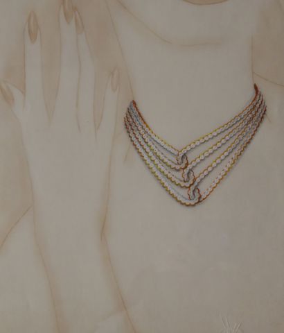 null Philippe DELOISON (XXth) for VCA. Interlaced necklace, diamonds, gold. Gouache...