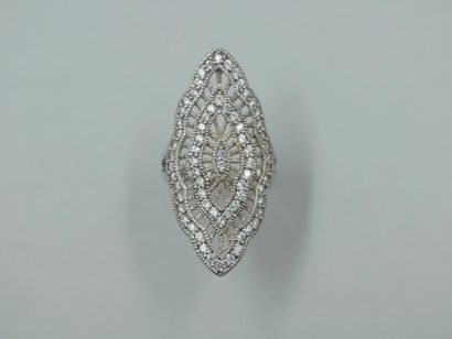 null Marquise ring in silver openwork with a stylized leaf paved with rhinestones....
