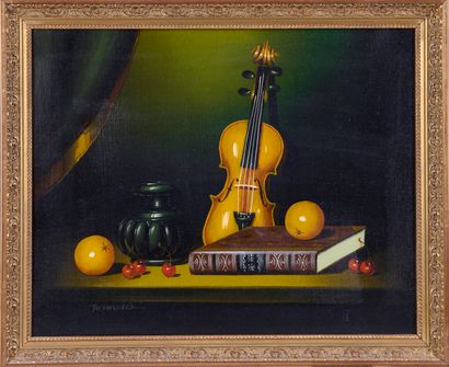null French school XX è. 

Still life with a violin. 

Oil on canvas signed lower...
