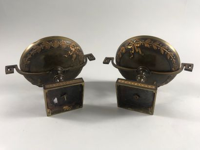 null Pair of bronze cups with double patina, in the neoclassical taste, decorated...