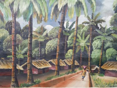 null A. R. (XXè siècle). 

Scène de village en Afrique. 

Peinture sur tissus (toile...