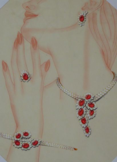 null Philippe DELOISON (XXth) for VCA. Off-center set, feurs, 14 rubies, diamonds,...