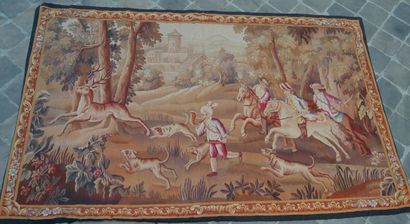 null AUBUSSON, XIXth century. Beautiful tapestry decorated with hunting riders. 

(Lined).

114...