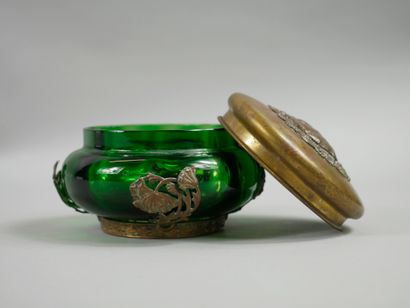 null Candy jar in green glass, gilded copper mount and lid with flowers and leaves,...