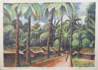 null A. R. (XXè siècle). 

Scène de village en Afrique. 

Peinture sur tissus (toile...