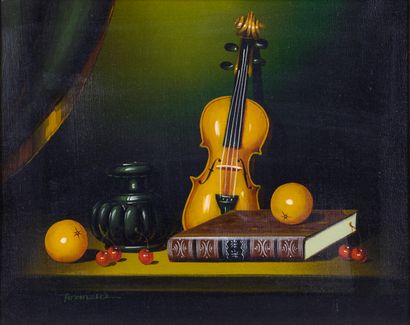 null French school XX è. 

Still life with a violin. 

Oil on canvas signed lower...
