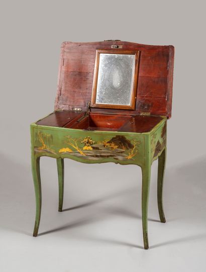 null Dressing table in lacquered wood and Chinese lacquer panels decorated with scenes...