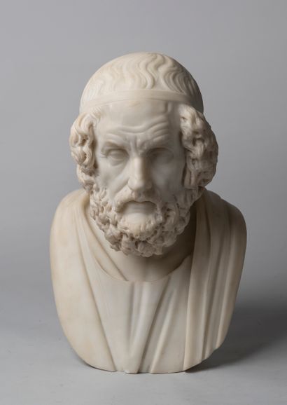 null Portrait en buste du poète Homère couronné aux cheveux et à la barbe finement...