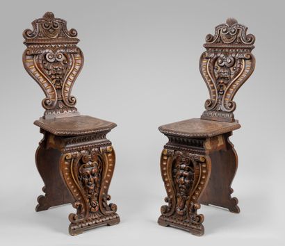 Pair of chairs called escabelles in carved...
