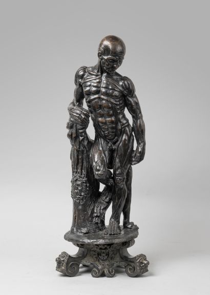 null 
Rare statue of Hercules in skinned form leaning on a wooden trunk, at his feet...