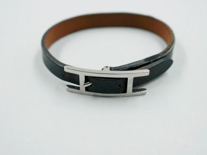 null HERMES Paris. Jumbo bracelet in leather and chromed metal.