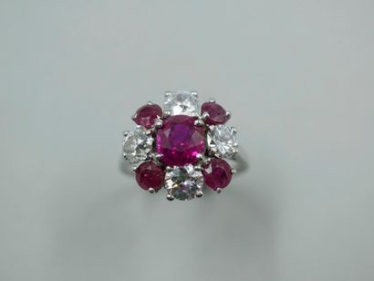 null 18k white gold Marguerite ring set with a beautiful central ruby of 1.53ct,...