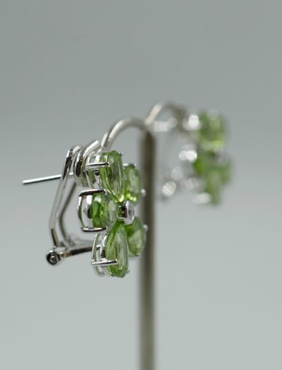 null Pair of 18k white gold flower earrings, the petals set with peridots and centered...
