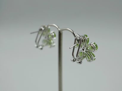 null Pair of 18k white gold flower earrings, the petals set with peridots and centered...