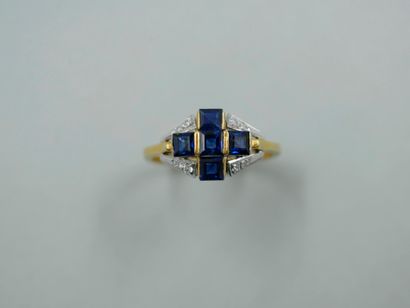 null Yellow gold and white gold ring 18k in the art deco style adorned with a cross...