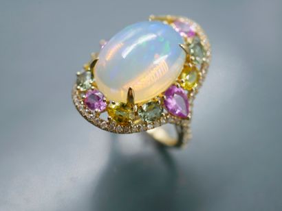 null 18k yellow gold marquise ring set with a large cabochon opal of about 7cts in...