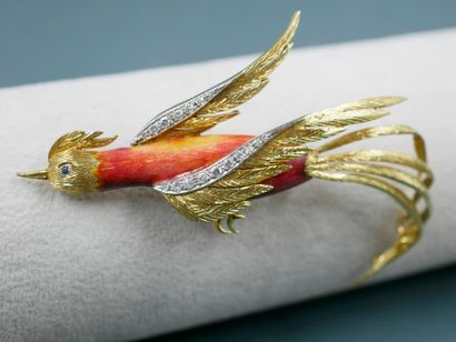 null Brooch in 18k yellow gold representing a bird of paradise, the body decorated...