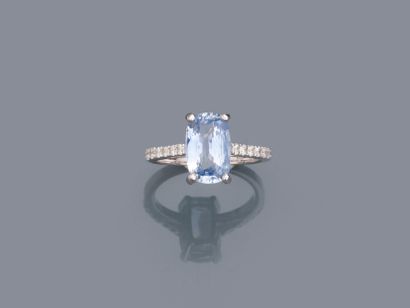 null 18k white gold ring with a cushion-cut sapphire of about 3.50cts and diamonds....