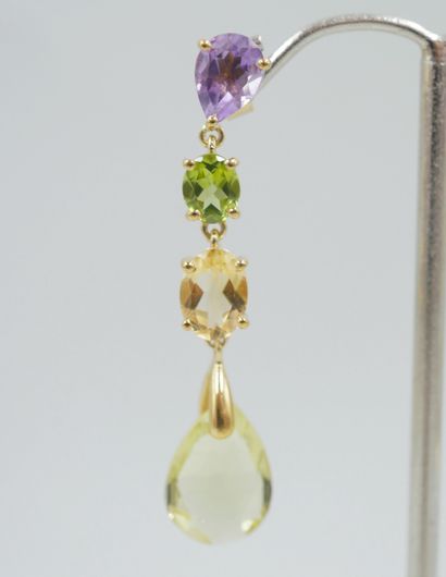 null Pair of vermeil earrings set with amethyst, peridot, citrine and a lemon quartz....