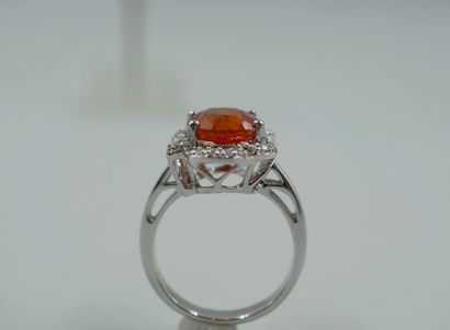 null 18k white gold ring set with a fanta-colored spessartite garnet surrounded by...