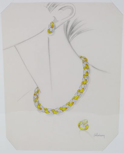 null Philippe DELOISON (XXth) 

Preparatory drawing for a gold and diamond set, 1990.

Gouache...