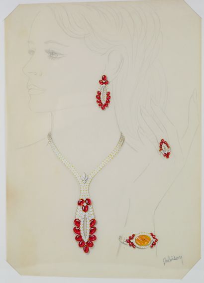 null Philippe DELOISON (XXth) 

Preparatory drawing for a gold, diamonds and rubies...