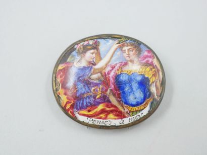 null Pair of oval neck brooches "Je penserai à toi" in metal with enamelled decoration...
