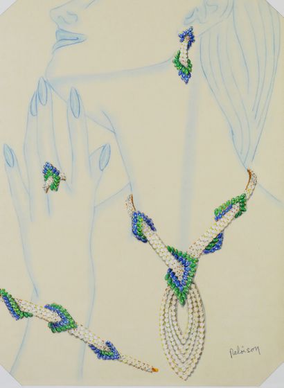 null Philippe DELOISON (XXth) 

Preparatory drawing for a gold set; diamonds, sapphires...