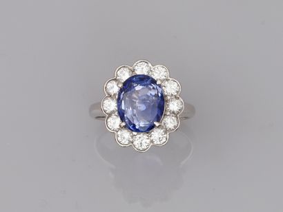 null 
A platinum Pompadour ring set with an oval sapphire of about 6cts probably...