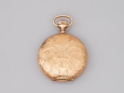 null 
ELGIN. 




Pocket watch in metal with chased decoration of daisies and a monogrammed...