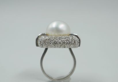 null 
Platinum ring surmounted by a cultured pearl in a pavé setting of brilliant-cut...