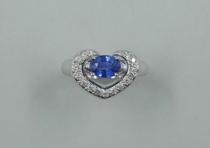 null Modern ring in 18k white gold surmounted by a sapphire surrounded by a line...