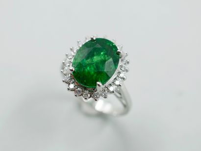 null Ring in 18k white gold surmounted by a natural tsavorite of 6,19cts in a diamond...