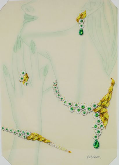 null Philippe DELOISON (XXth) 

Preparatory drawing for a gold, emeralds, diamonds...