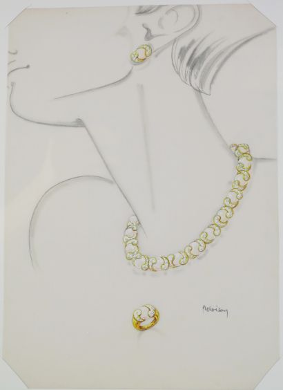 null Philippe DELOISON (XXth) 

Preparatory drawing for a gold, pearls and diamonds...