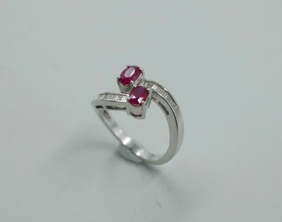 null A Vous Moi ring in 18k white gold with two oval rubies set with lines of navette-cut...