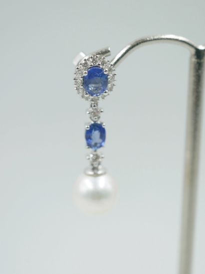 null Pair of 18k white gold earrings with a flower motif centered on a sapphire and...