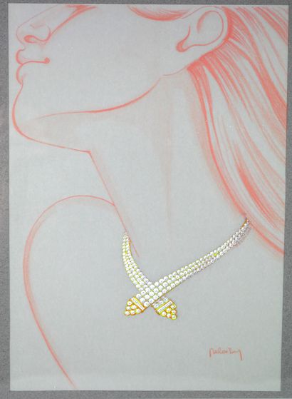 null Philippe DELOISON (XXth) 

Preparatory drawing for a gold cross ribbon necklace...
