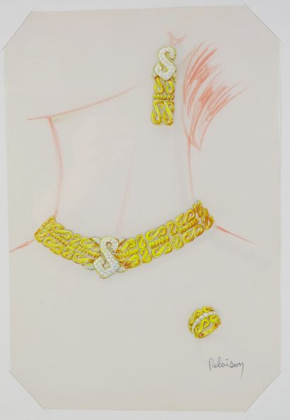null Philippe DELOISON (XXth) 

Preparatory drawing for a gold and diamond set.

Gouache...