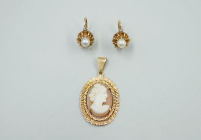 null Lot comprising: an 18k yellow gold pendant with a cameo on a shell and a pair...