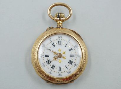 null Pocket watch in 18k yellow gold. Circular case, enamelled dial with white background...