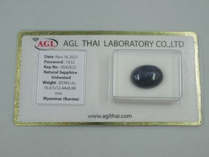null Stone on paper: natural Burmese sapphire in cabochon weighing 20.94cts. 

Accompanied...