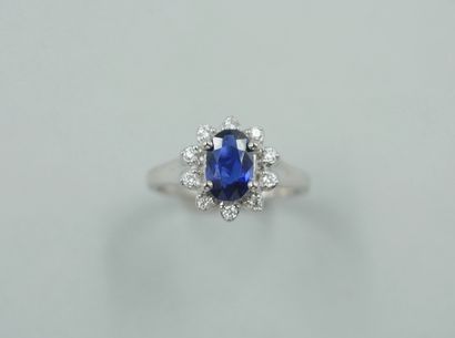 null Marguerite ring in 18k white gold centered with an oval sapphire without thermal...