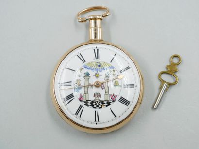 null Freemasonry pocket watch in 18k yellow gold. The enameled dial with Roman numerals...
