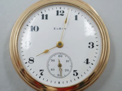 null ELGIN

Pocket watch in 14k yellow gold, circular case, signed white enamel dial...