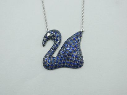 null Necklace in 18k white gold with a swan paved with sapphires, the eye set with...