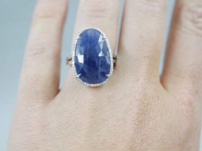 null Ring in 18k white gold surmounted by a 9cts faceted sapphire root encircled...