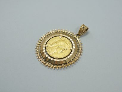 null Médaille en or jaune 18k ornée d'une pièce de 20 francs or dans un entourage...